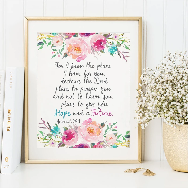 Bible Verse Jeremiah 29:11 Scripture Christian Wall Art Posters Prints Watercolor Flowers Canvas Painting Pictures Home Decor