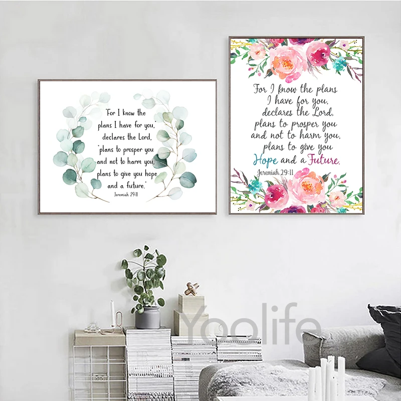 Bible Verse Jeremiah 29:11 Scripture Christian Wall Art Posters Prints Watercolor Flowers Canvas Painting Pictures Home Decor