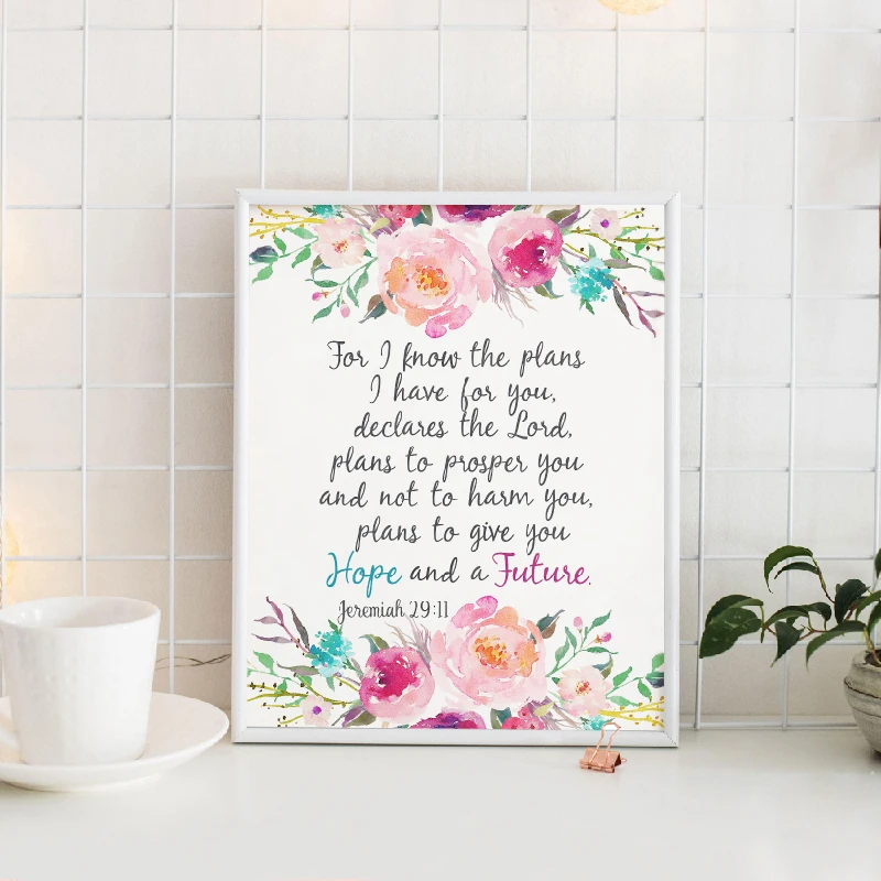 Bible Verse Jeremiah 29:11 Scripture Christian Wall Art Posters Prints Watercolor Flowers Canvas Painting Pictures Home Decor