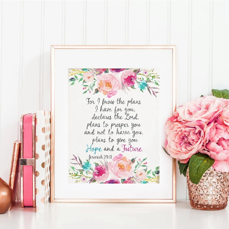 Bible Verse Jeremiah 29:11 Scripture Christian Wall Art Posters Prints Watercolor Flowers Canvas Painting Pictures Home Decor