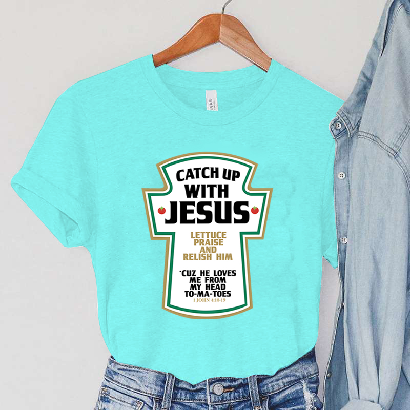 Catch Up with Jesus Women T-Shirts Vintage Bible Verses Female Tops Harajuku Christian Parody Short Sleeve Women's Clothing