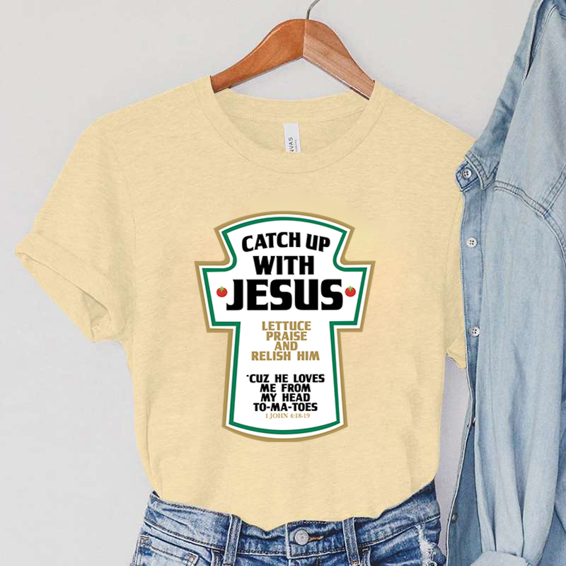 Catch Up with Jesus Women T-Shirts Vintage Bible Verses Female Tops Harajuku Christian Parody Short Sleeve Women's Clothing