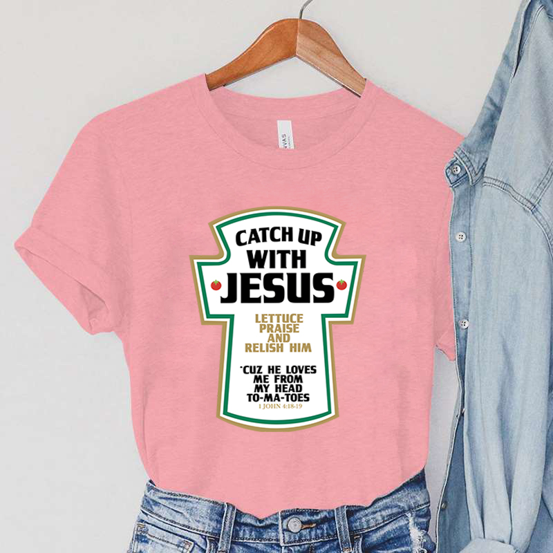 Catch Up with Jesus Women T-Shirts Vintage Bible Verses Female Tops Harajuku Christian Parody Short Sleeve Women's Clothing