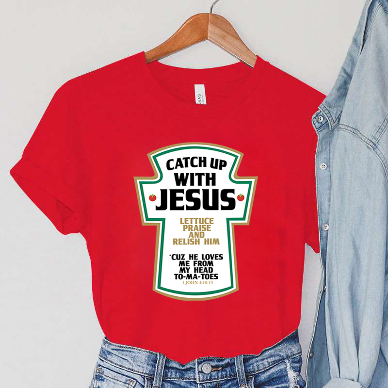 Catch Up with Jesus Women T-Shirts Vintage Bible Verses Female Tops Harajuku Christian Parody Short Sleeve Women's Clothing