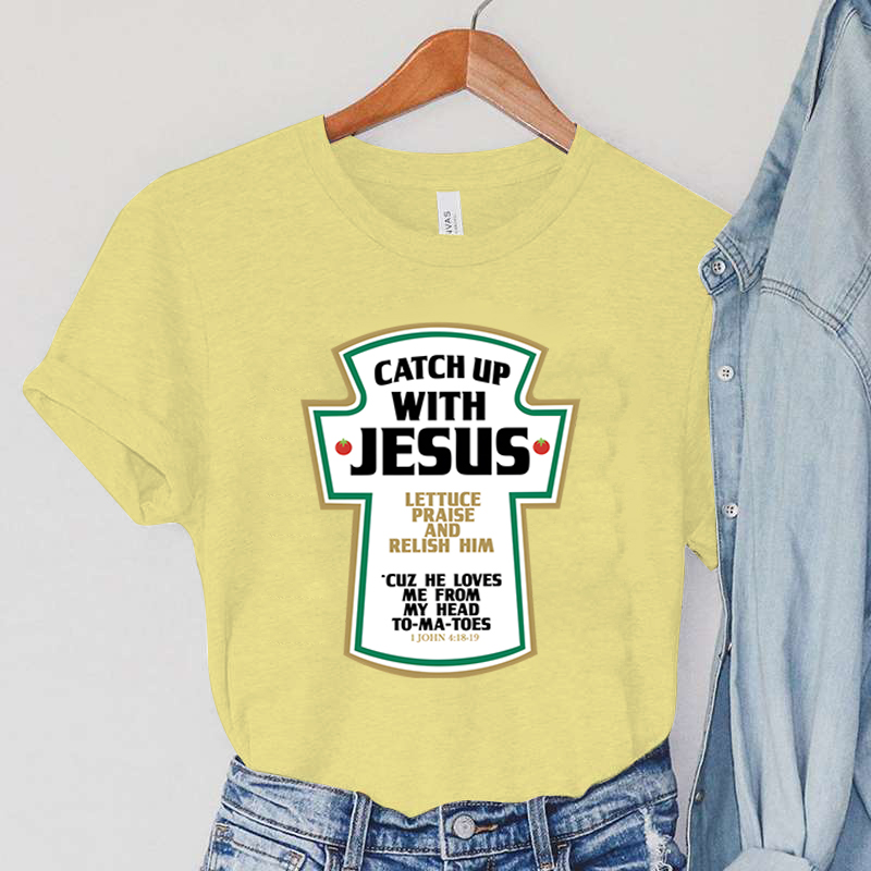 Catch Up with Jesus Women T-Shirts Vintage Bible Verses Female Tops Harajuku Christian Parody Short Sleeve Women's Clothing