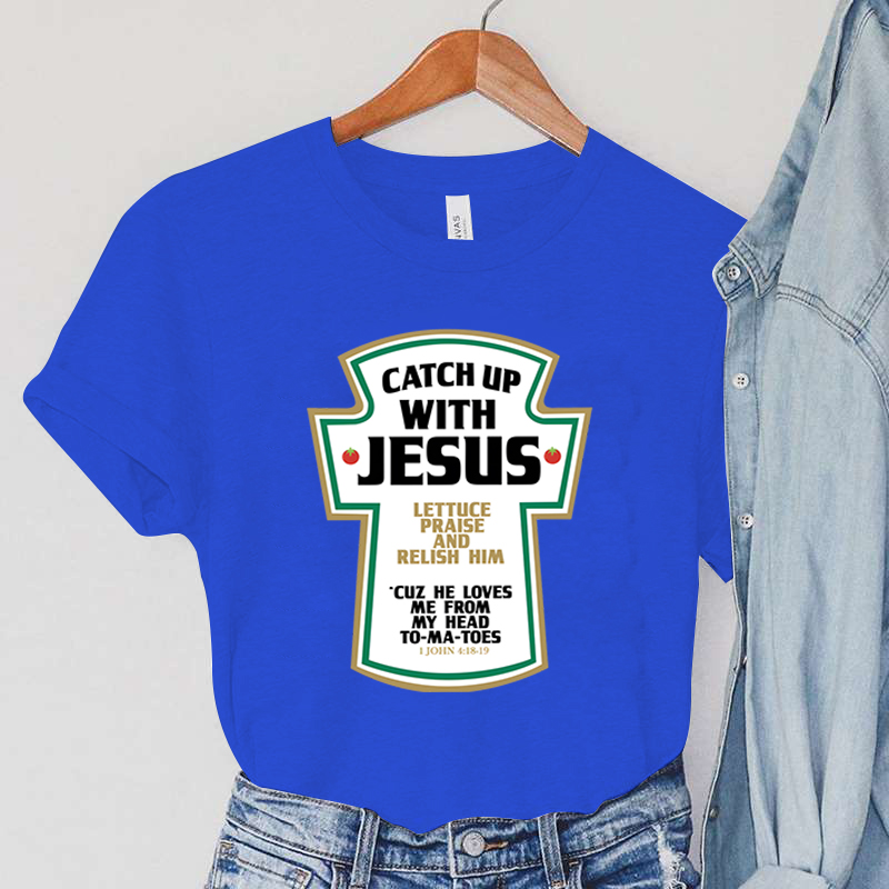 Catch Up with Jesus Women T-Shirts Vintage Bible Verses Female Tops Harajuku Christian Parody Short Sleeve Women's Clothing