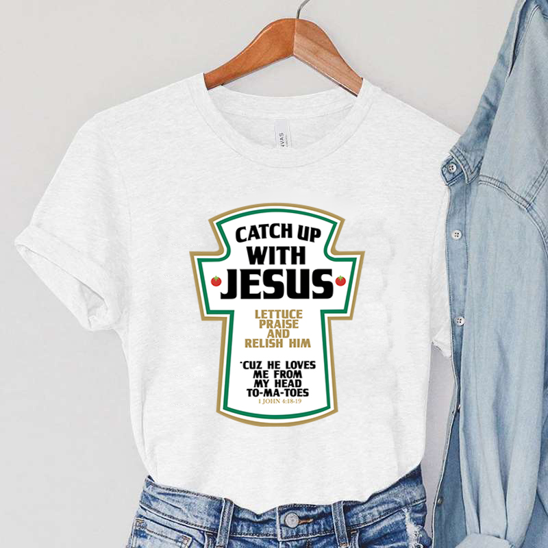 Catch Up with Jesus Women T-Shirts Vintage Bible Verses Female Tops Harajuku Christian Parody Short Sleeve Women's Clothing