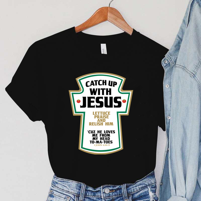 Catch Up with Jesus Women T-Shirts Vintage Bible Verses Female Tops Harajuku Christian Parody Short Sleeve Women's Clothing