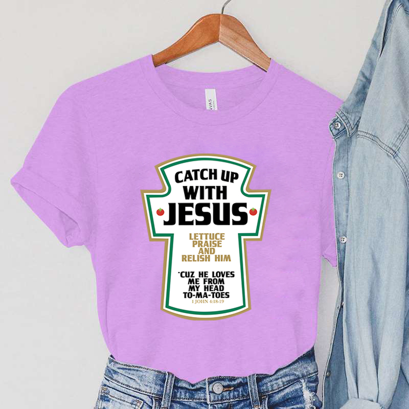 Catch Up with Jesus Women T-Shirts Vintage Bible Verses Female Tops Harajuku Christian Parody Short Sleeve Women's Clothing