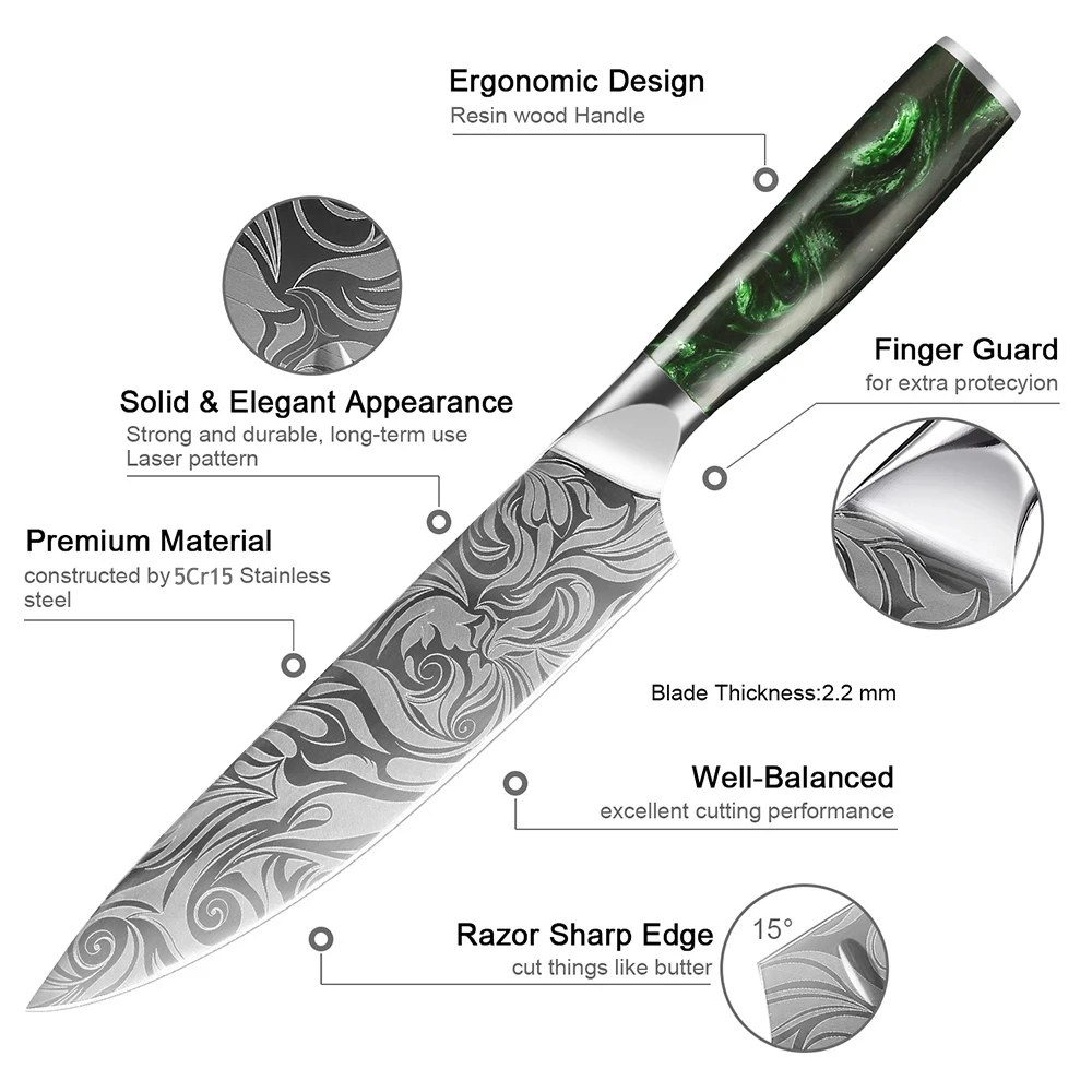 3-8PCS Kitchen Knife Set Ultra Sharp Damascus Pattern Included Chef Nakiri Santoku Boning Paring Knife Series Green Resin Handle