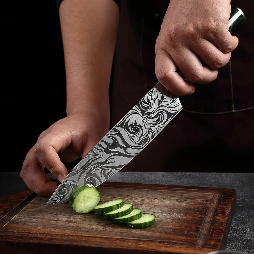 3-8PCS Kitchen Knife Set Ultra Sharp Damascus Pattern Included Chef Nakiri Santoku Boning Paring Knife Series Green Resin Handle