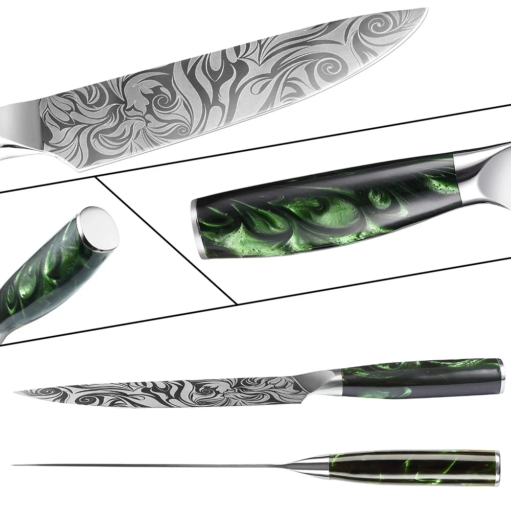 3-8PCS Kitchen Knife Set Ultra Sharp Damascus Pattern Included Chef Nakiri Santoku Boning Paring Knife Series Green Resin Handle