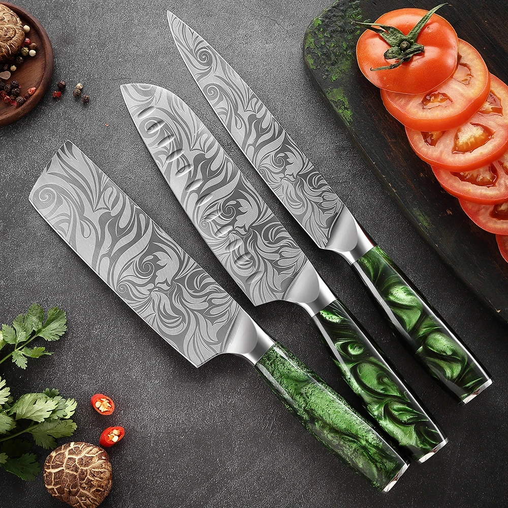 3-8PCS Kitchen Knife Set Ultra Sharp Damascus Pattern Included Chef Nakiri Santoku Boning Paring Knife Series Green Resin Handle