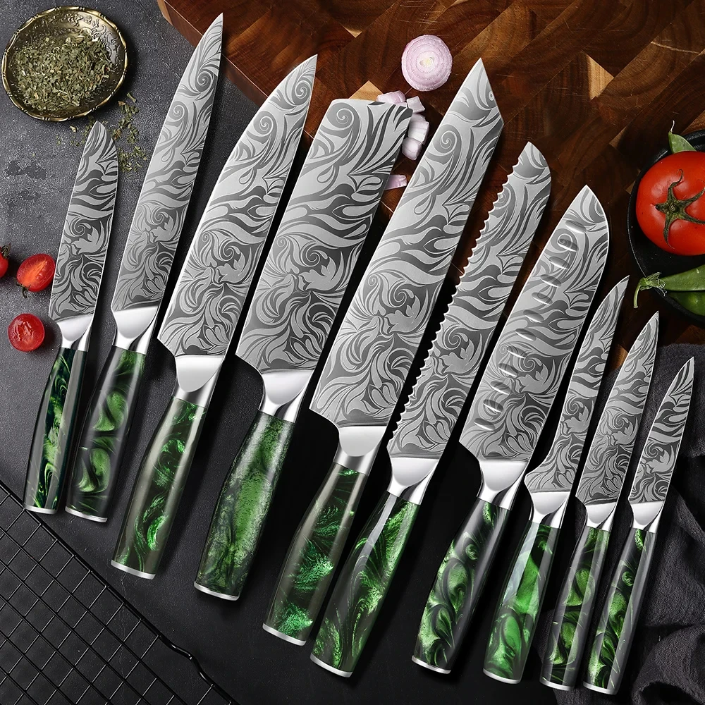 3-8PCS Kitchen Knife Set Ultra Sharp Damascus Pattern Included Chef Nakiri Santoku Boning Paring Knife Series Green Resin Handle