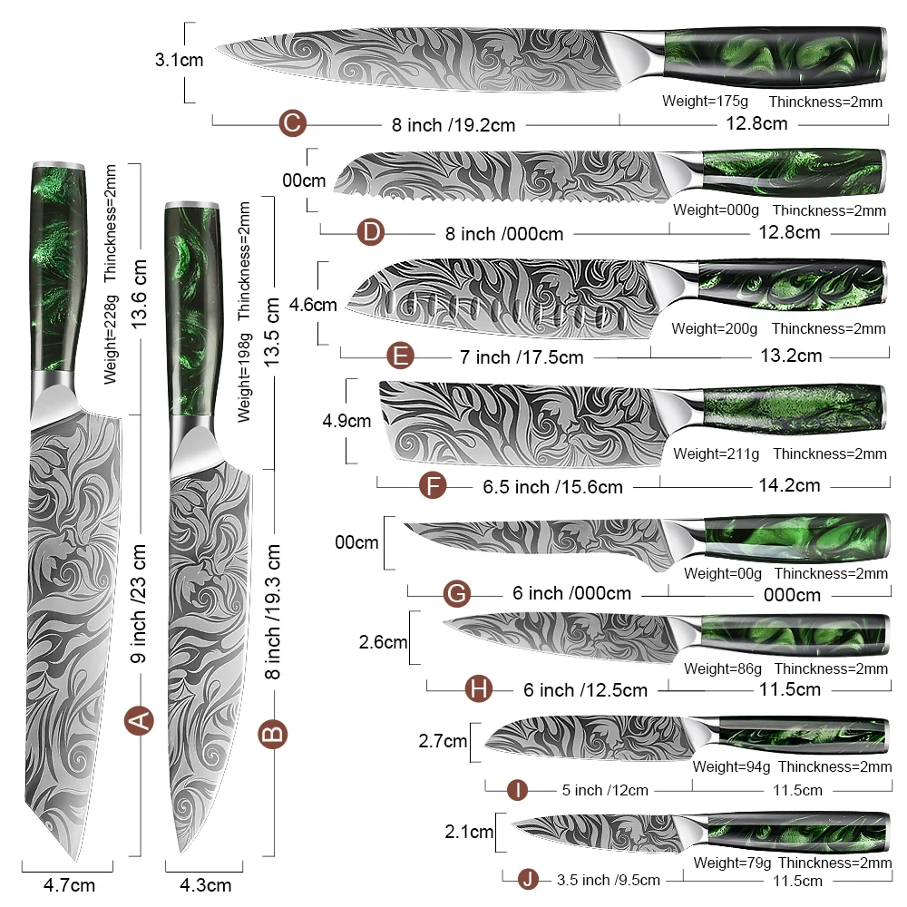 3-8PCS Kitchen Knife Set Ultra Sharp Damascus Pattern Included Chef Nakiri Santoku Boning Paring Knife Series Green Resin Handle