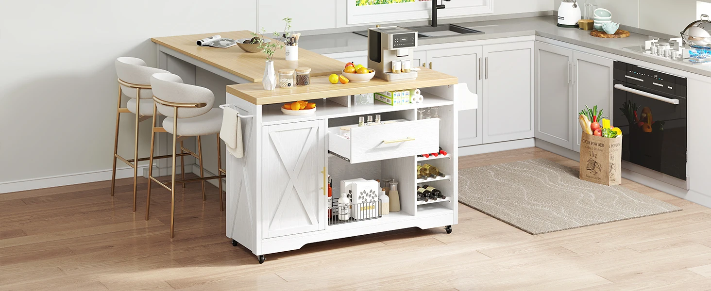 53 Inch Large Kitchen Island with Power Outlet & Wine Storage,  Thick Table Top Drawer Glass Holder Spice Rack, White & Oak