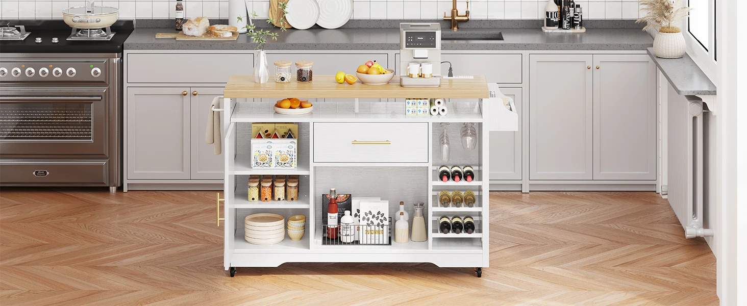 53 Inch Large Kitchen Island with Power Outlet & Wine Storage,  Thick Table Top Drawer Glass Holder Spice Rack, White & Oak