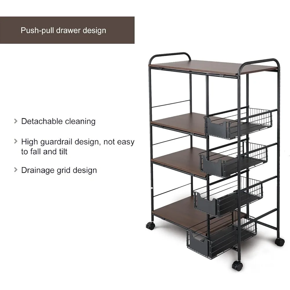 4-Tier Kitchen Standing Bakers Rack, Microwave Oven Stand Rack, Kitchen Cart with Storage Basket