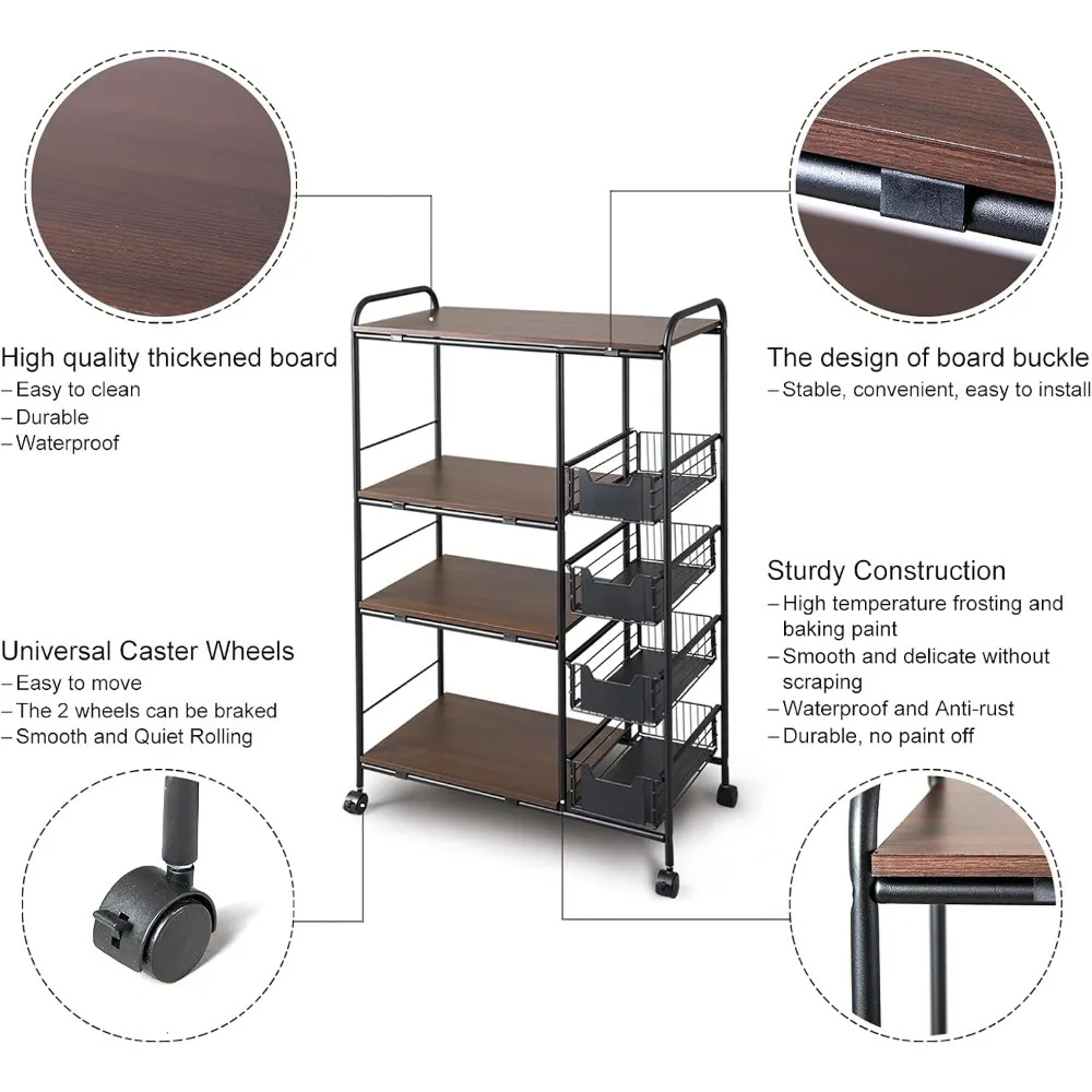 4-Tier Kitchen Standing Bakers Rack, Microwave Oven Stand Rack, Kitchen Cart with Storage Basket