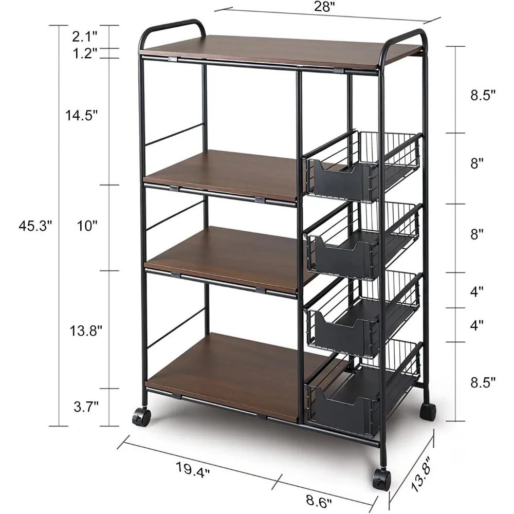 4-Tier Kitchen Standing Bakers Rack, Microwave Oven Stand Rack, Kitchen Cart with Storage Basket