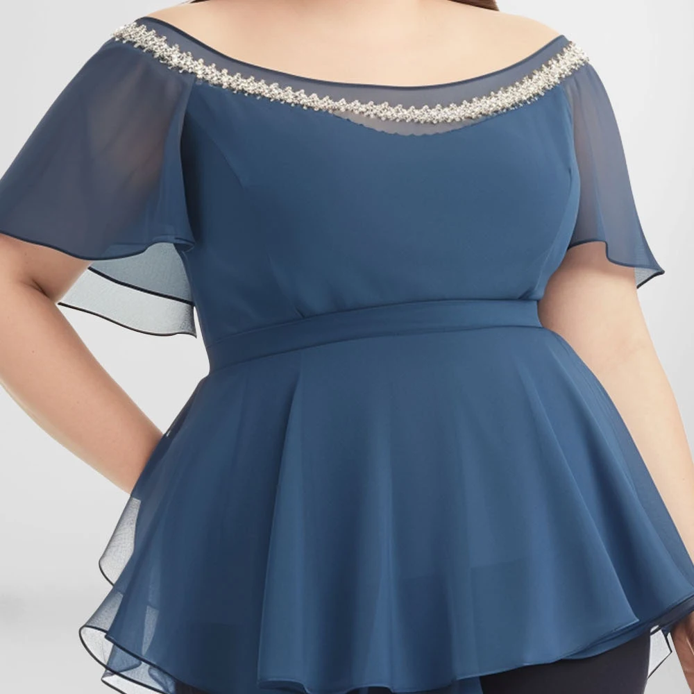 Plus Size Everyday Blue Solid Off The Shoulder Crop Blouse Ruffle Sleeve Tops