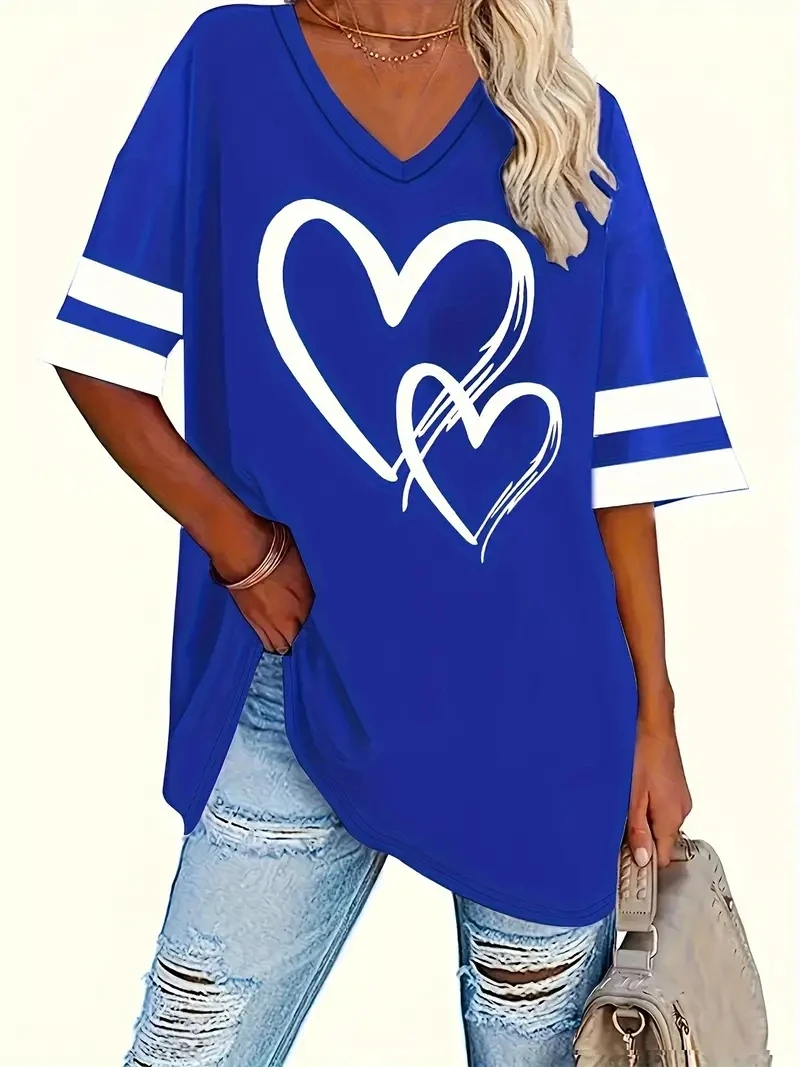 2024 Plus Size Heart & Stripe Print T-Shirt Casual Short Sleeve Top For Spring & Summer Women's Plus Size Clothing