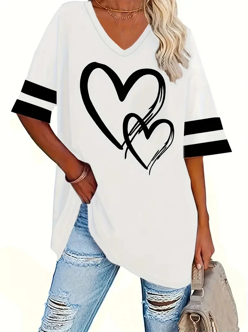 2024 Plus Size Heart & Stripe Print T-Shirt Casual Short Sleeve Top For Spring & Summer Women's Plus Size Clothing