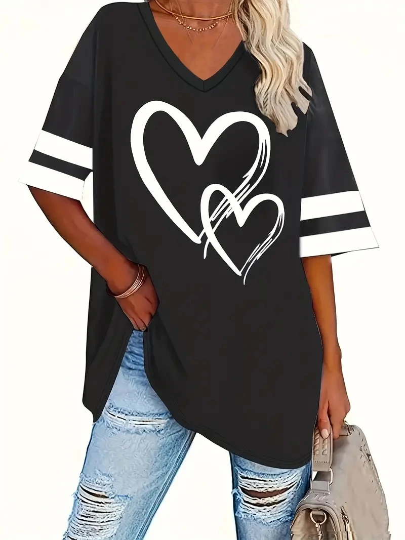 2024 Plus Size Heart & Stripe Print T-Shirt Casual Short Sleeve Top For Spring & Summer Women's Plus Size Clothing