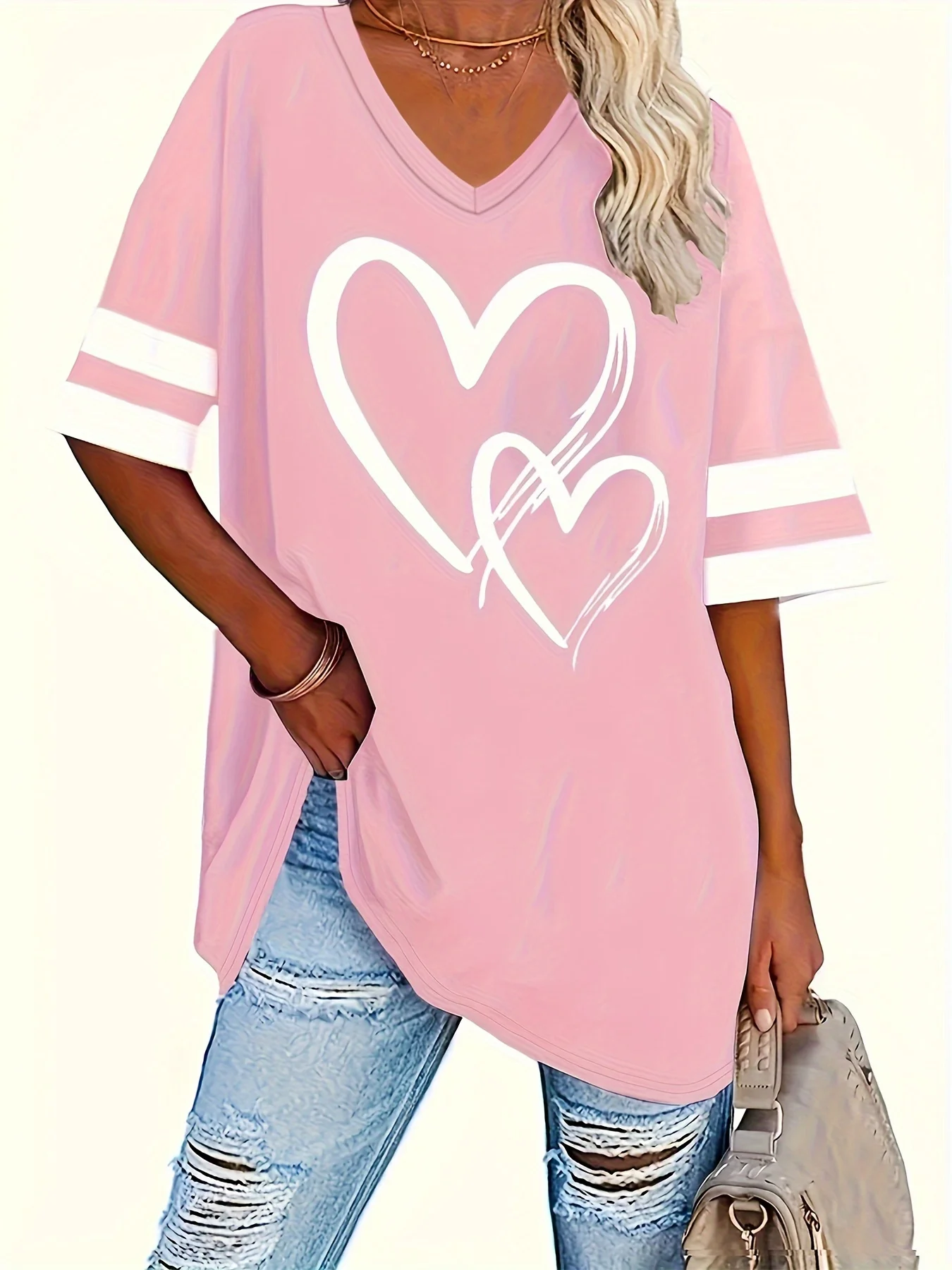 2024 Plus Size Heart & Stripe Print T-Shirt Casual Short Sleeve Top For Spring & Summer Women's Plus Size Clothing