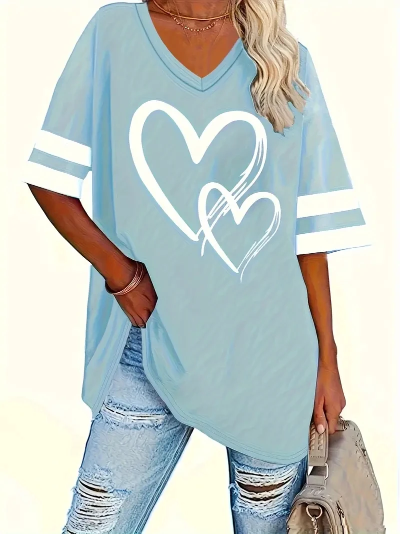 2024 Plus Size Heart & Stripe Print T-Shirt Casual Short Sleeve Top For Spring & Summer Women's Plus Size Clothing