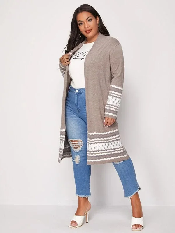 Plus Size Knitted Cardigan Lazy Style Stripes Casual Loose Fashion Sweater Autumn Winter New High Street Long Women Tops