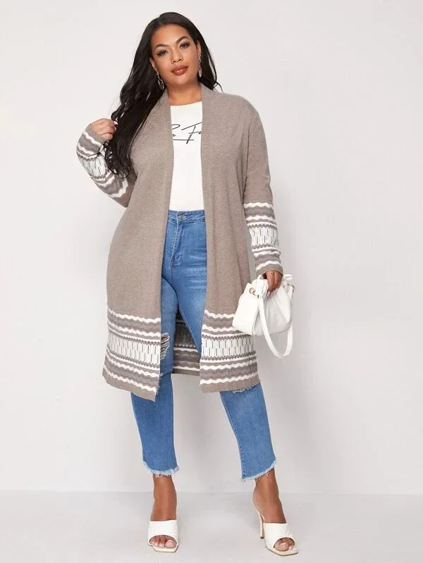 Plus Size Knitted Cardigan Lazy Style Stripes Casual Loose Fashion Sweater Autumn Winter New High Street Long Women Tops