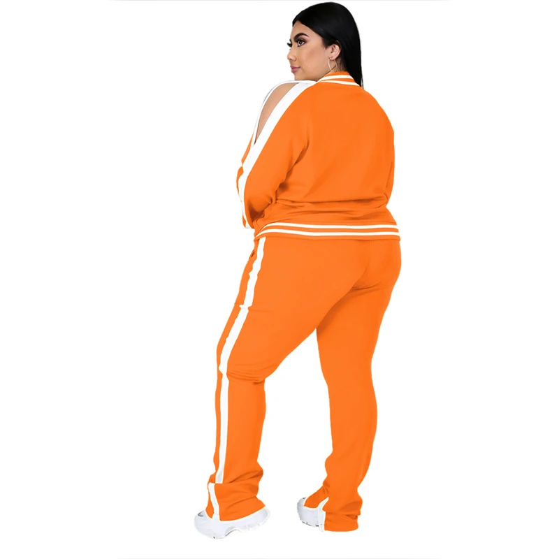 Plus Size L-5XL Two Piece Set Women Sweatsuit Zip Striped Top Slit Sweatpants Jogger Outfit Matching Set Wholesale Dropshipping