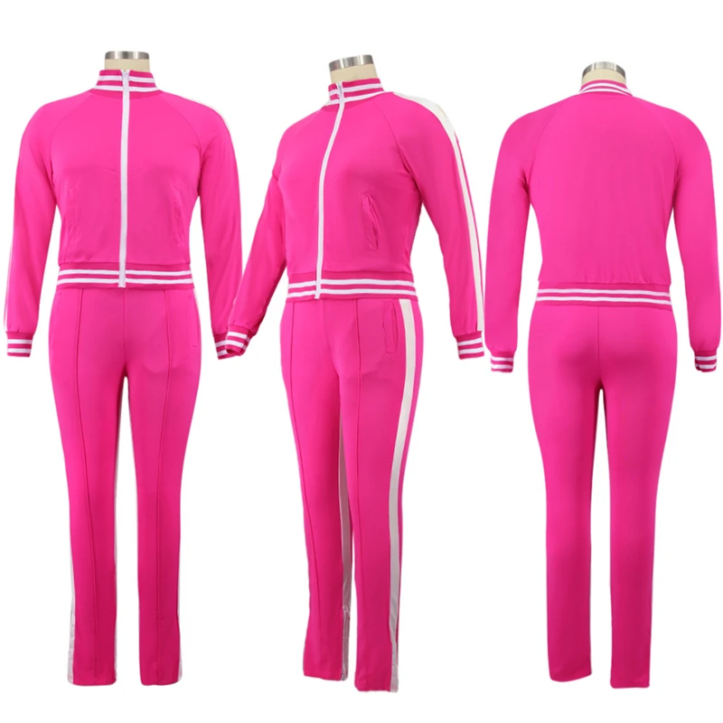 Plus Size L-5XL Two Piece Set Women Sweatsuit Zip Striped Top Slit Sweatpants Jogger Outfit Matching Set Wholesale Dropshipping