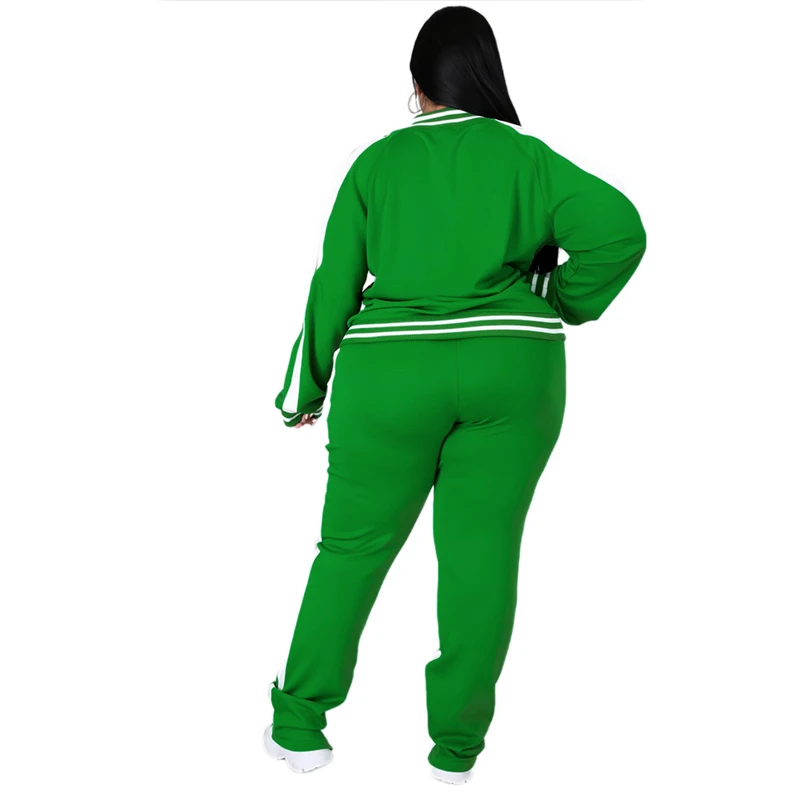 Plus Size L-5XL Two Piece Set Women Sweatsuit Zip Striped Top Slit Sweatpants Jogger Outfit Matching Set Wholesale Dropshipping