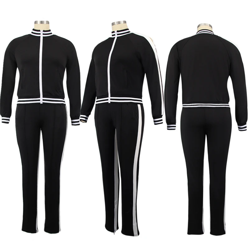 Plus Size L-5XL Two Piece Set Women Sweatsuit Zip Striped Top Slit Sweatpants Jogger Outfit Matching Set Wholesale Dropshipping