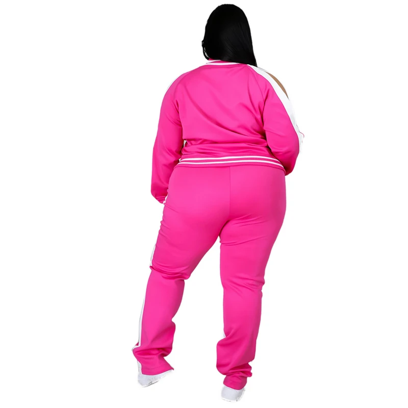 Plus Size L-5XL Two Piece Set Women Sweatsuit Zip Striped Top Slit Sweatpants Jogger Outfit Matching Set Wholesale Dropshipping