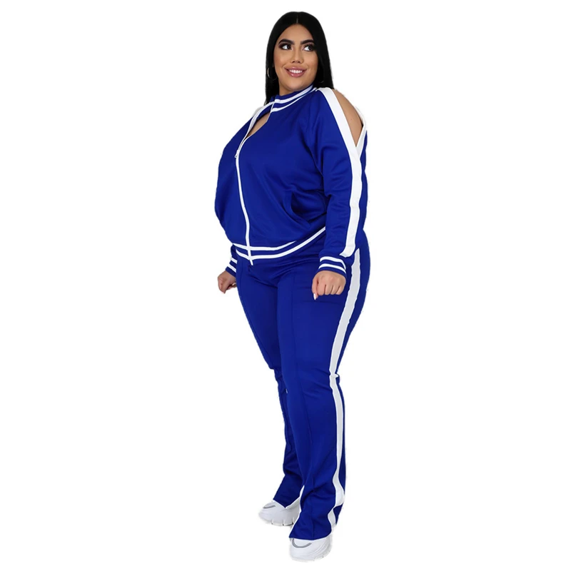 Plus Size L-5XL Two Piece Set Women Sweatsuit Zip Striped Top Slit Sweatpants Jogger Outfit Matching Set Wholesale Dropshipping