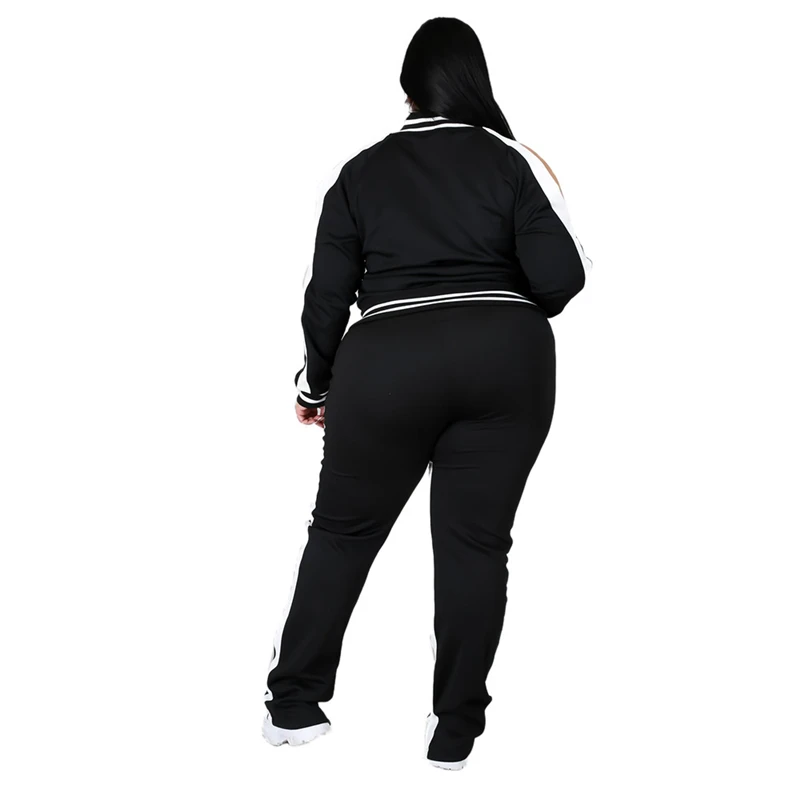 Plus Size L-5XL Two Piece Set Women Sweatsuit Zip Striped Top Slit Sweatpants Jogger Outfit Matching Set Wholesale Dropshipping