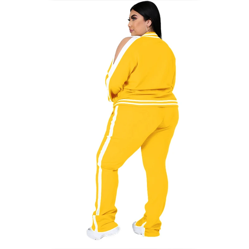 Plus Size L-5XL Two Piece Set Women Sweatsuit Zip Striped Top Slit Sweatpants Jogger Outfit Matching Set Wholesale Dropshipping