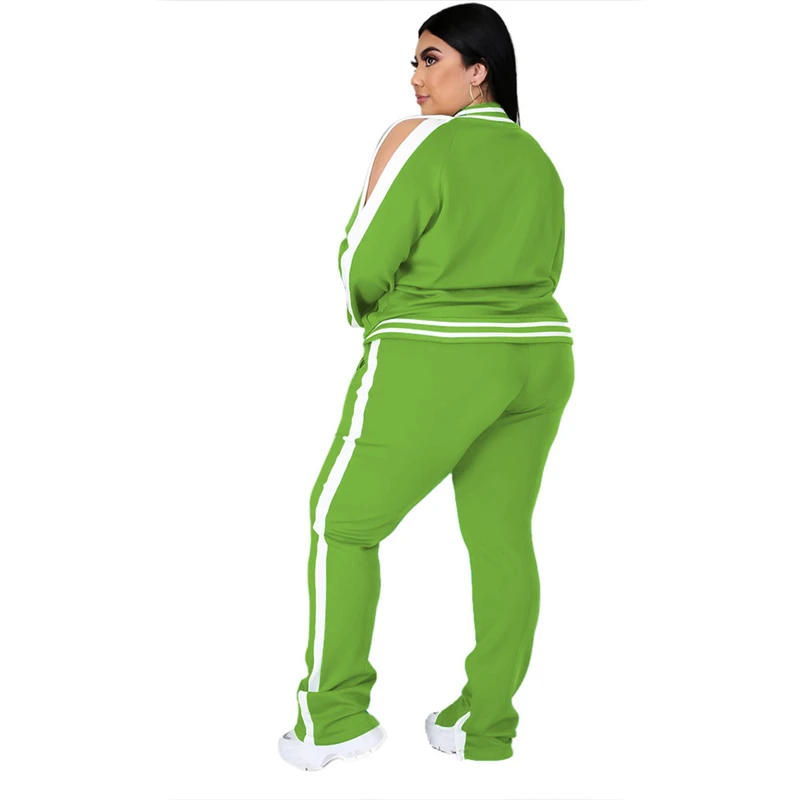 Plus Size L-5XL Two Piece Set Women Sweatsuit Zip Striped Top Slit Sweatpants Jogger Outfit Matching Set Wholesale Dropshipping