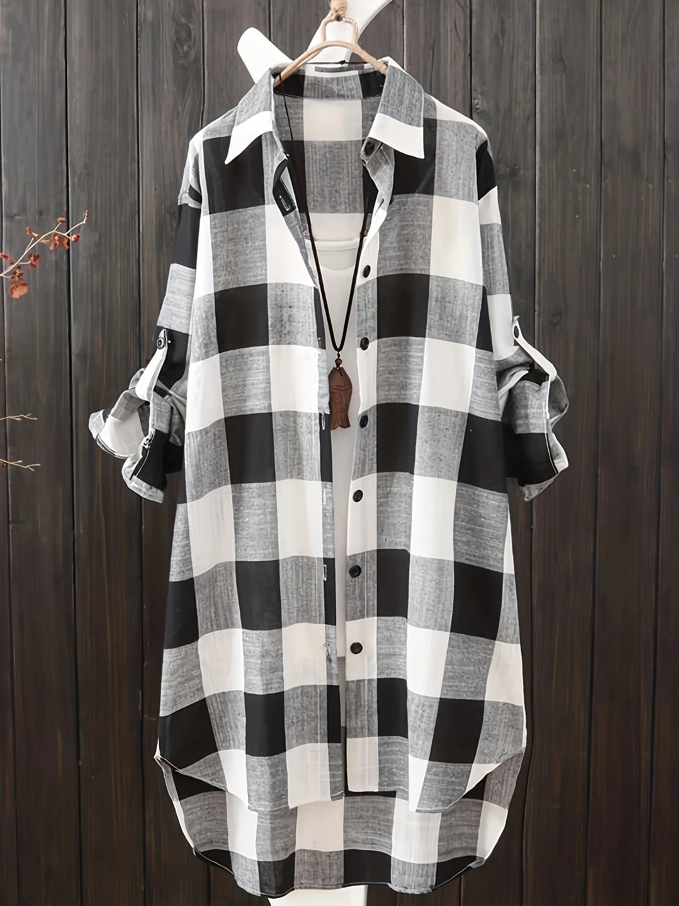 Plus Size 1XL-5XL Casual Blouse Women's Plus Plaid Print Button Up Roll Up Long Sleeve Lapel Collar Longline Shirt Top