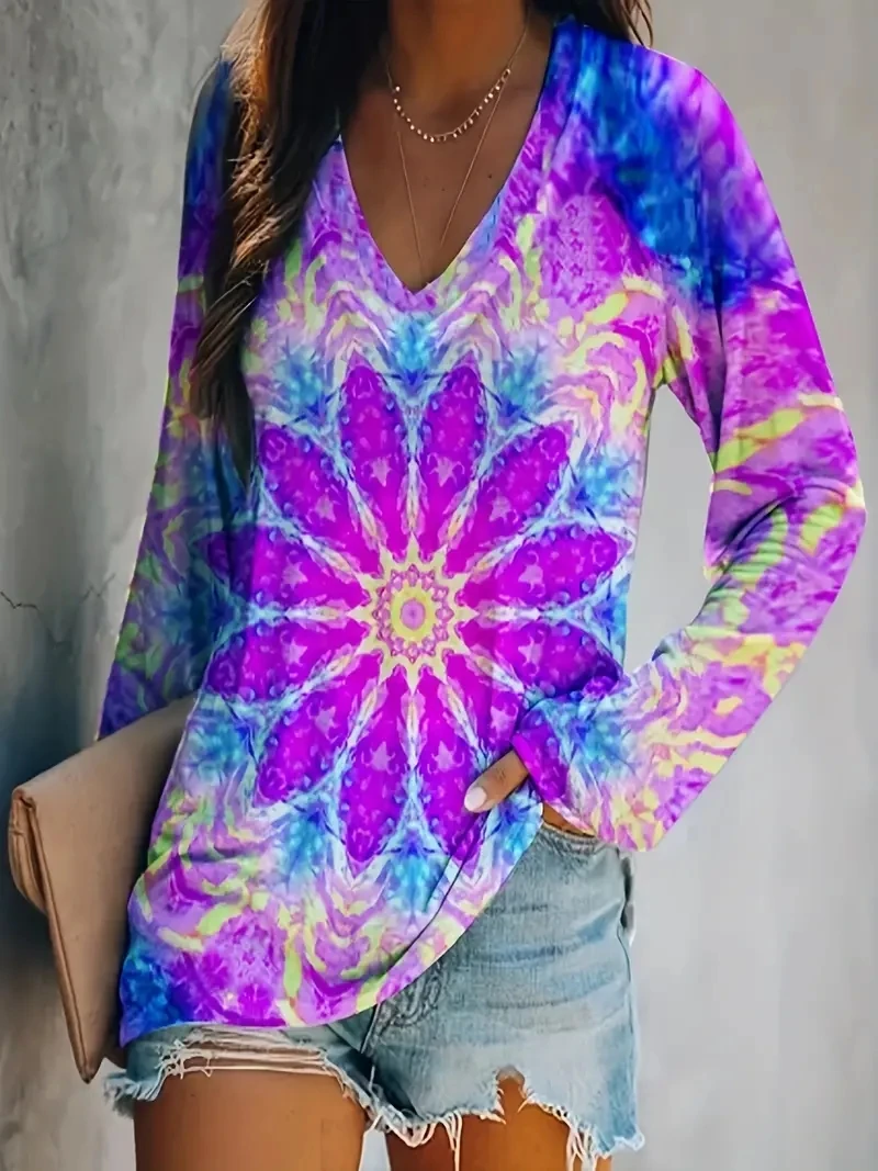 Plus Size Floral Print T-Shirt, Casual V Neck Long Sleeve T-Shirt, Women's Plus Size Clothing