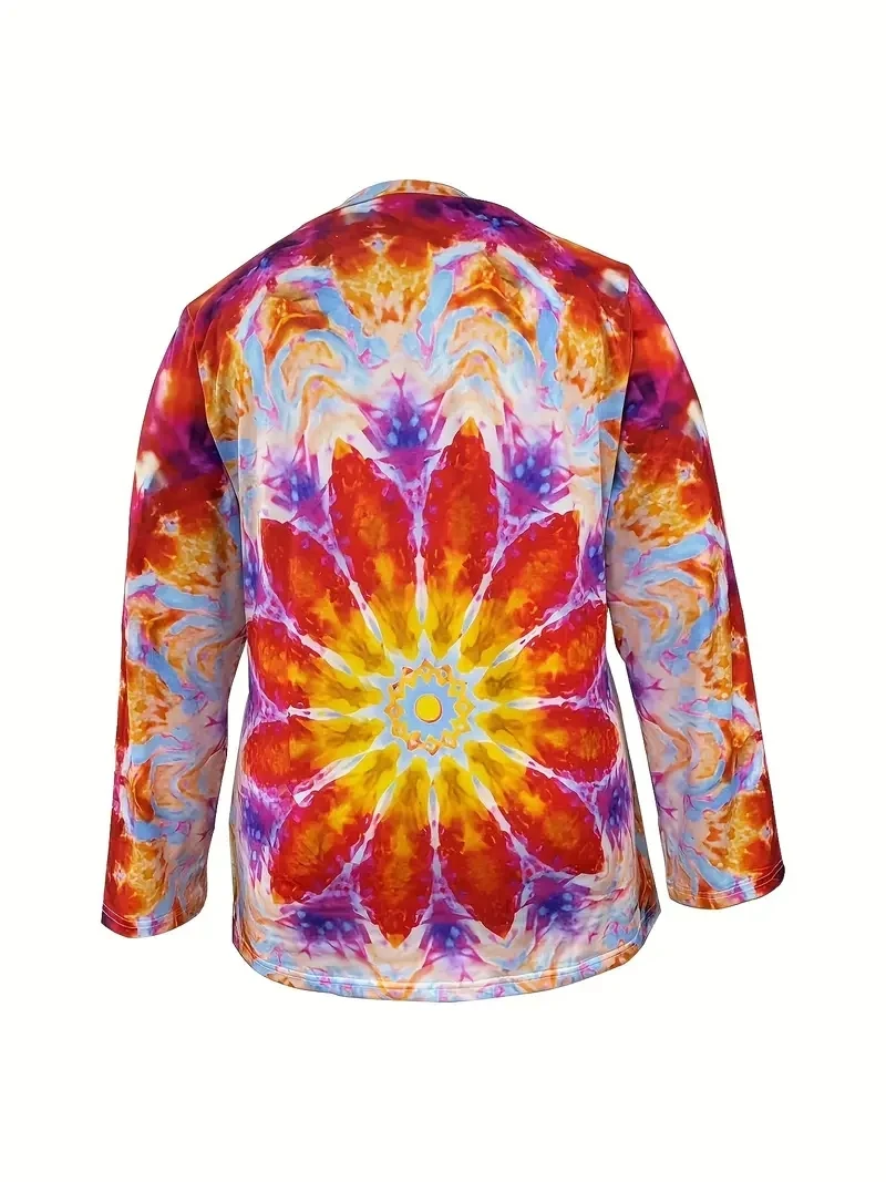 Plus Size Floral Print T-Shirt, Casual V Neck Long Sleeve T-Shirt, Women's Plus Size Clothing