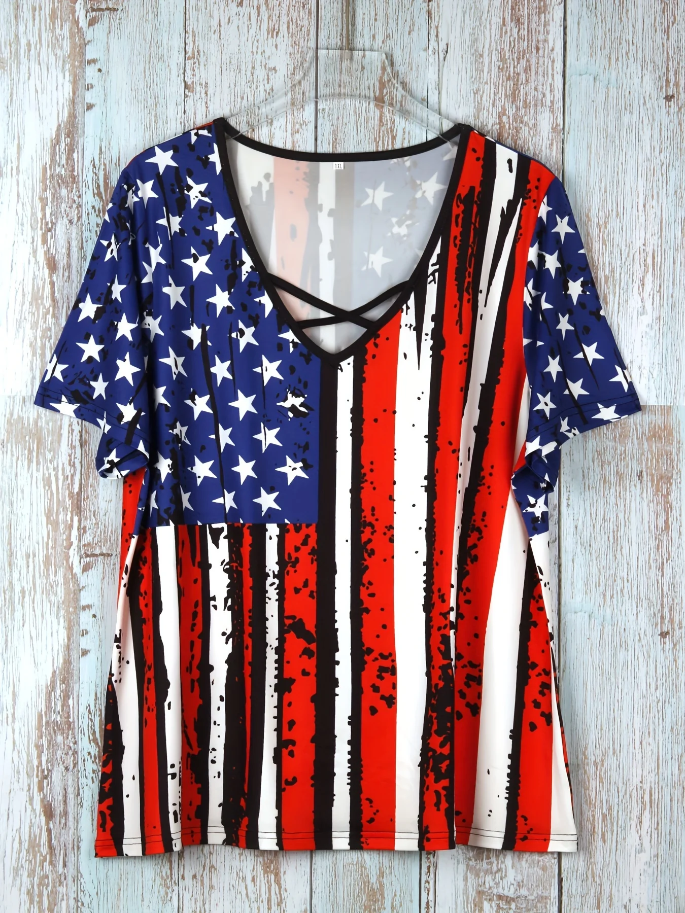 Plus Size Independence Day Flag Print T-shirt Casual Criss Cross Front Short Sleeve Top For Spring & Summer Women's Clothing