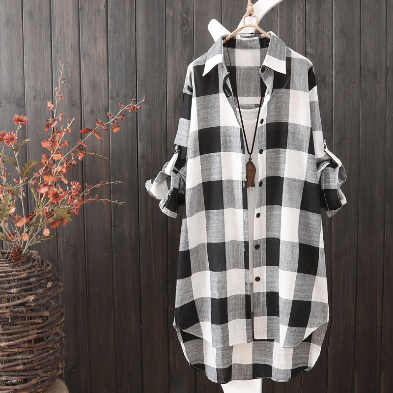 Plus Size Loose Plaid Blouse Women Cotton Shirt Female Mid Length Autumn Long Sleeve Blouse Casual Winter Korean Style Outwear