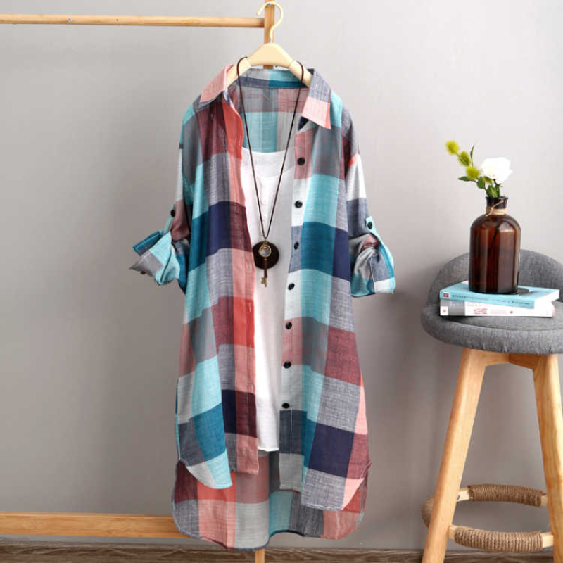 Plus Size Loose Plaid Blouse Women Cotton Shirt Female Mid Length Autumn Long Sleeve Blouse Casual Winter Korean Style Outwear