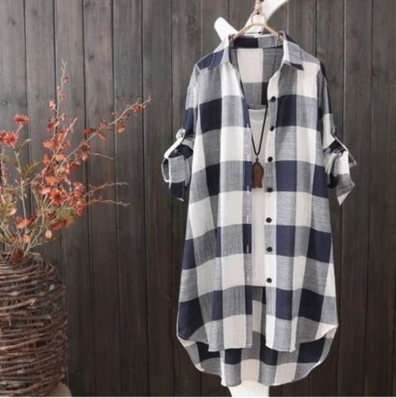 Plus Size Loose Plaid Blouse Women Cotton Shirt Female Mid Length Autumn Long Sleeve Blouse Casual Winter Korean Style Outwear