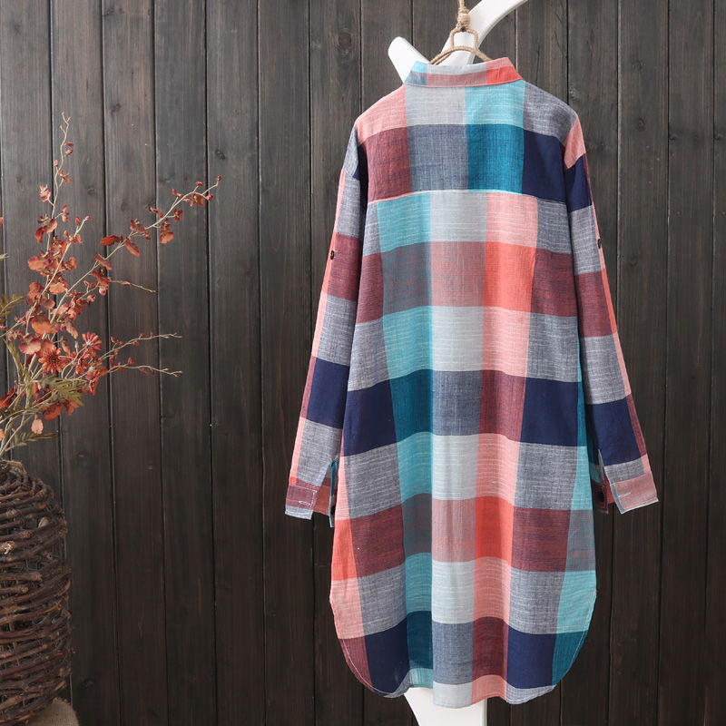 Plus Size Loose Plaid Blouse Women Cotton Shirt Female Mid Length Autumn Long Sleeve Blouse Casual Winter Korean Style Outwear