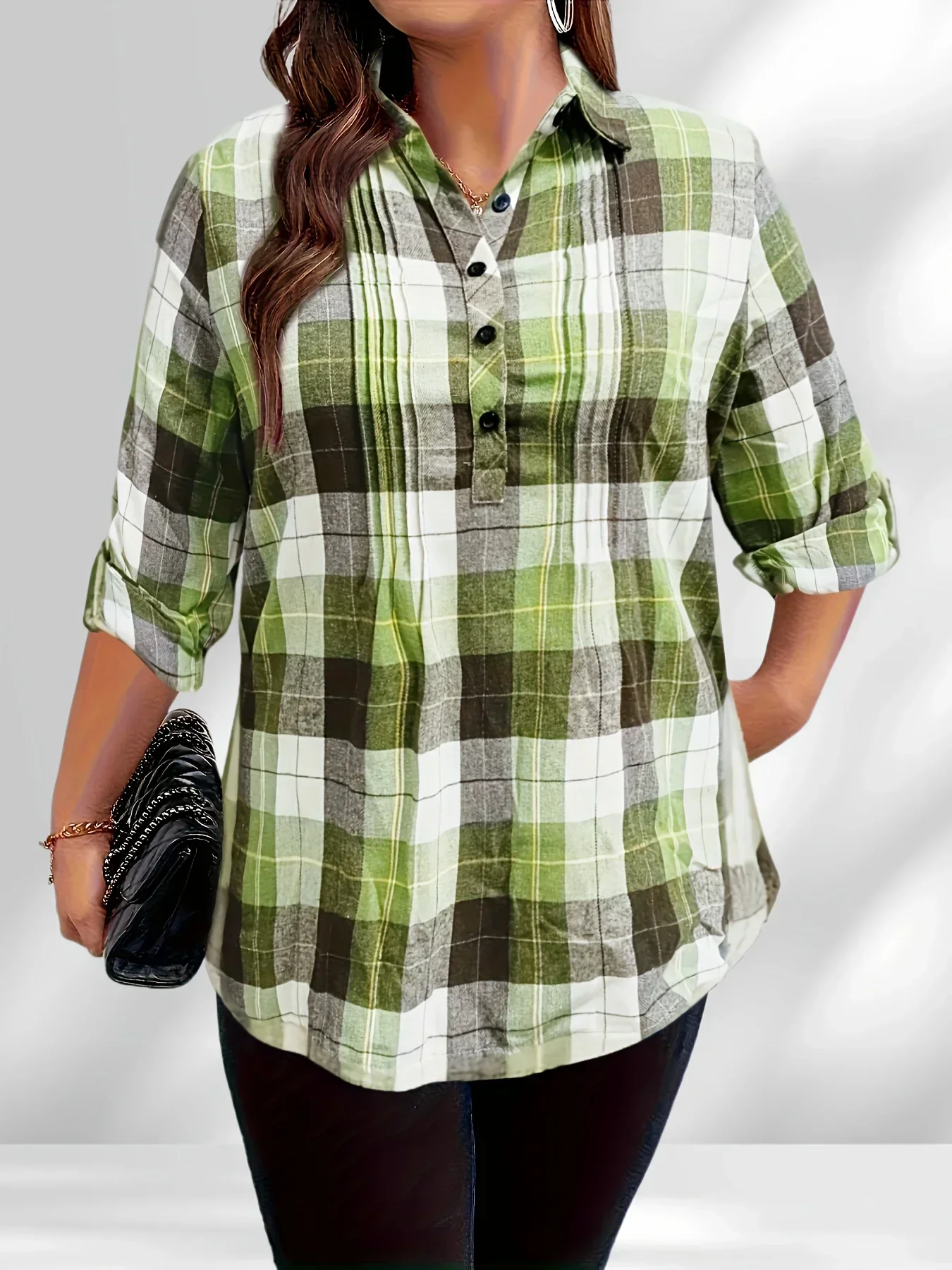 Women's Plus Size 1XL-5XL Plaid Print Long Sleeve Casual Blouse Shirt Ladies Fashion Button Up Lapel Collar Pullover Shirt Top